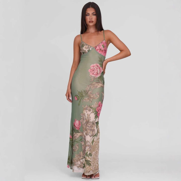 Women's body-hugging slip maxi dress with spaghetti straps, bodice seam, and floral-baroque digital print StylebySassy