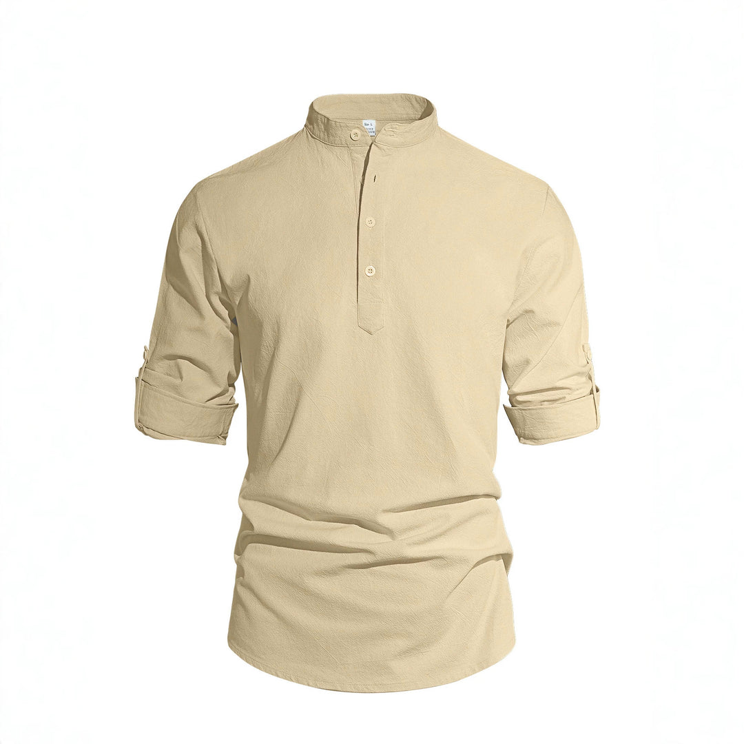 Men's lightweight half-button shirt made of linen blend with stand-up collar and roll-up sleeves StylebySassy