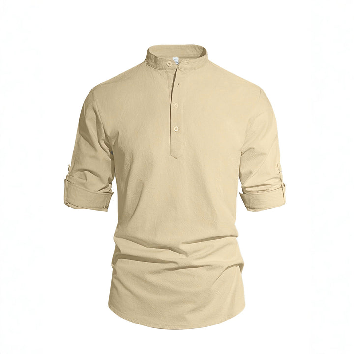 Men's lightweight half-button shirt made of linen blend with stand-up collar and roll-up sleeves StylebySassy