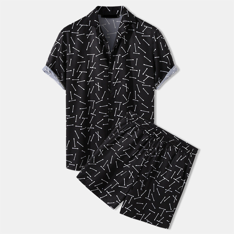 Men's airy viscose blend short-sleeve shirt with open button placket and matching casual shorts with drawstring StylebySassy