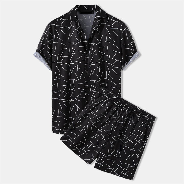 Men's airy viscose blend short-sleeve shirt with open button placket and matching casual shorts with drawstring StylebySassy