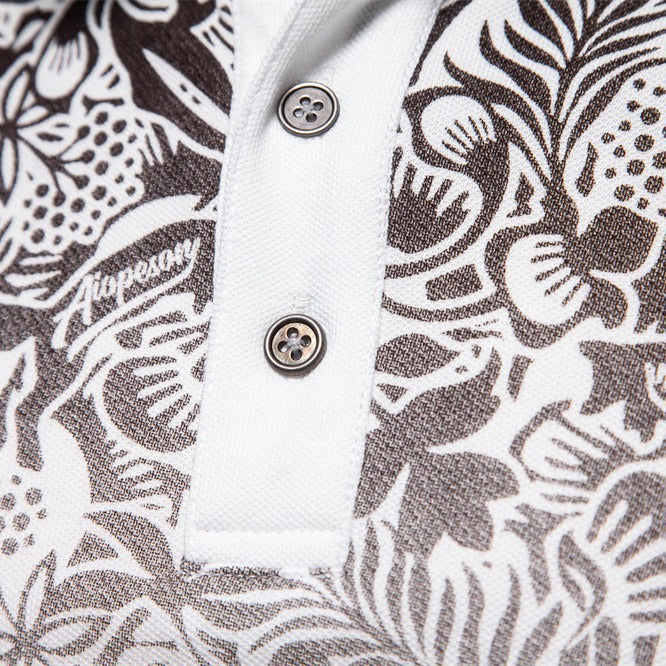 Men's polo shirt with floral gradient pattern, Kent collar and subtle button placket StylebySassy
