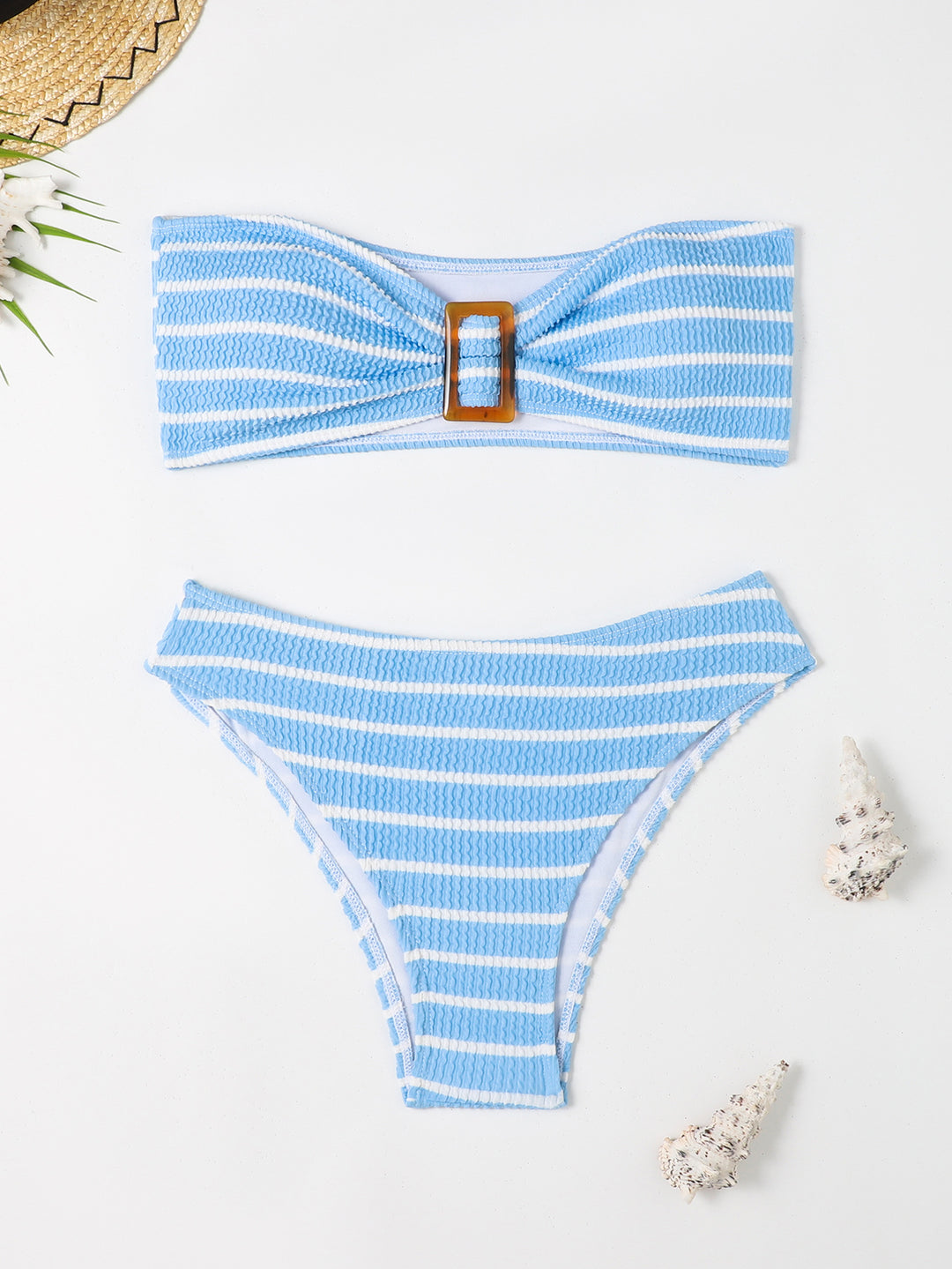 Women's bandeau bikini with a stylish striped pattern and decorative buckle StylebySassy