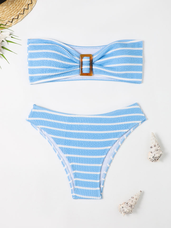 Women's bandeau bikini with a stylish striped pattern and decorative buckle StylebySassy