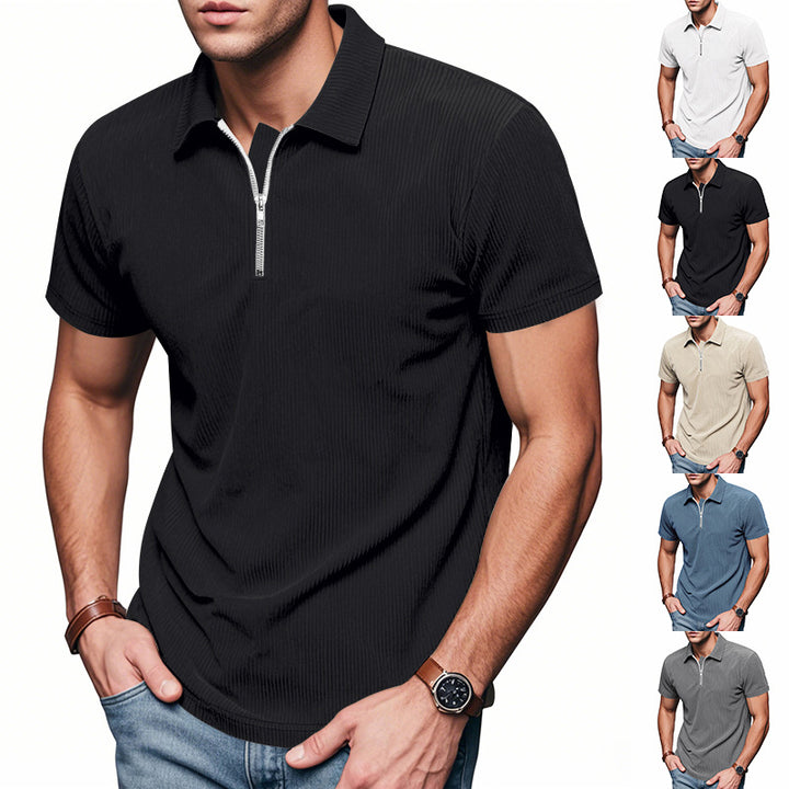 Men's short-sleeved polo with a short zipper at the collar and fine ribbed texture StylebySassy