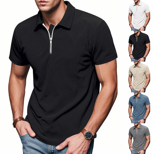 Men's short-sleeved polo with a short zipper at the collar and fine ribbed texture StylebySassy