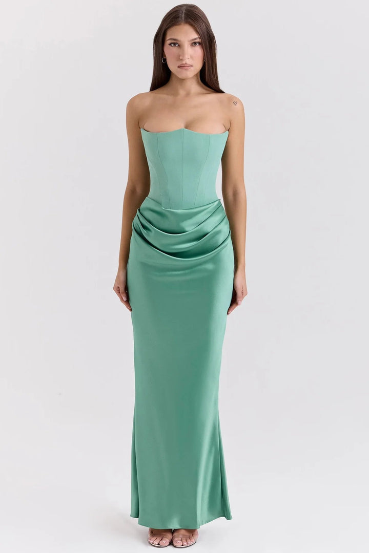 Women's strapless corset evening dress with contoured bodice construction and elegant hip draping StylebySassy