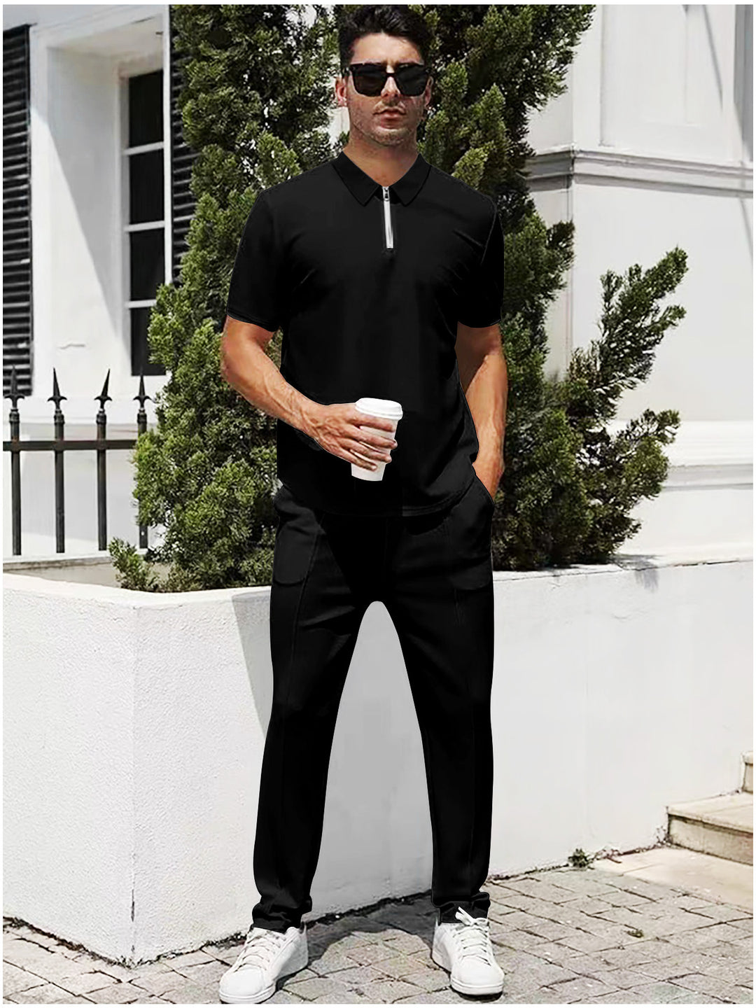 Men's urban travel polo shirt with short front zipper, elastic interlock and wrinkle-free care StylebySassy