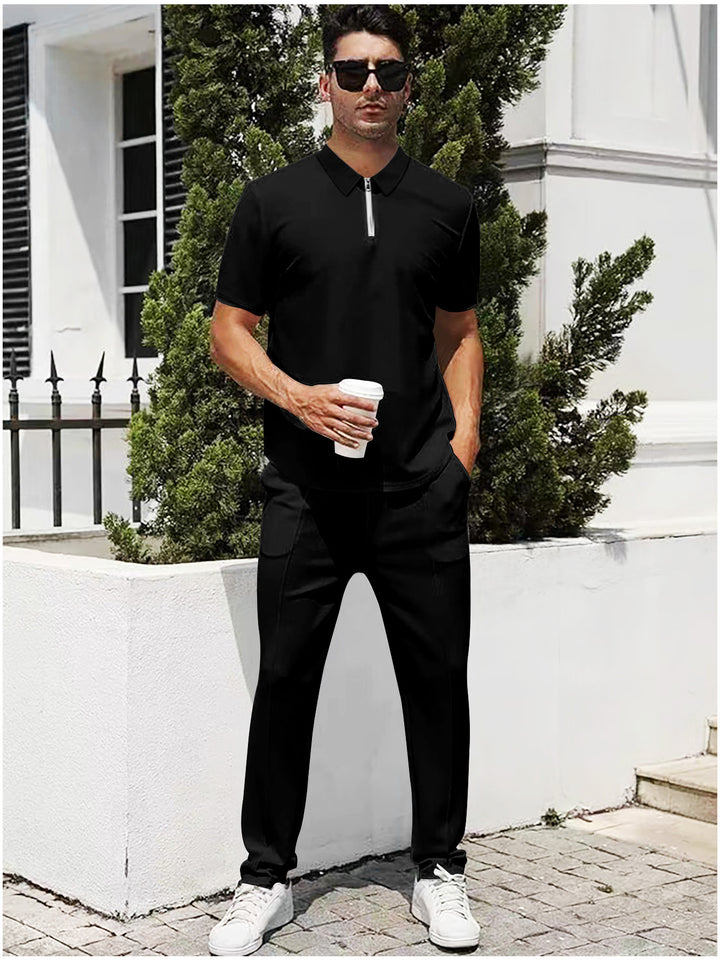 Men's urban travel polo shirt with short front zipper, elastic interlock and wrinkle-free care StylebySassy