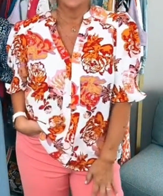 Ladies nan loose blouse with gathered puff sleeves and button placket StylebySassy