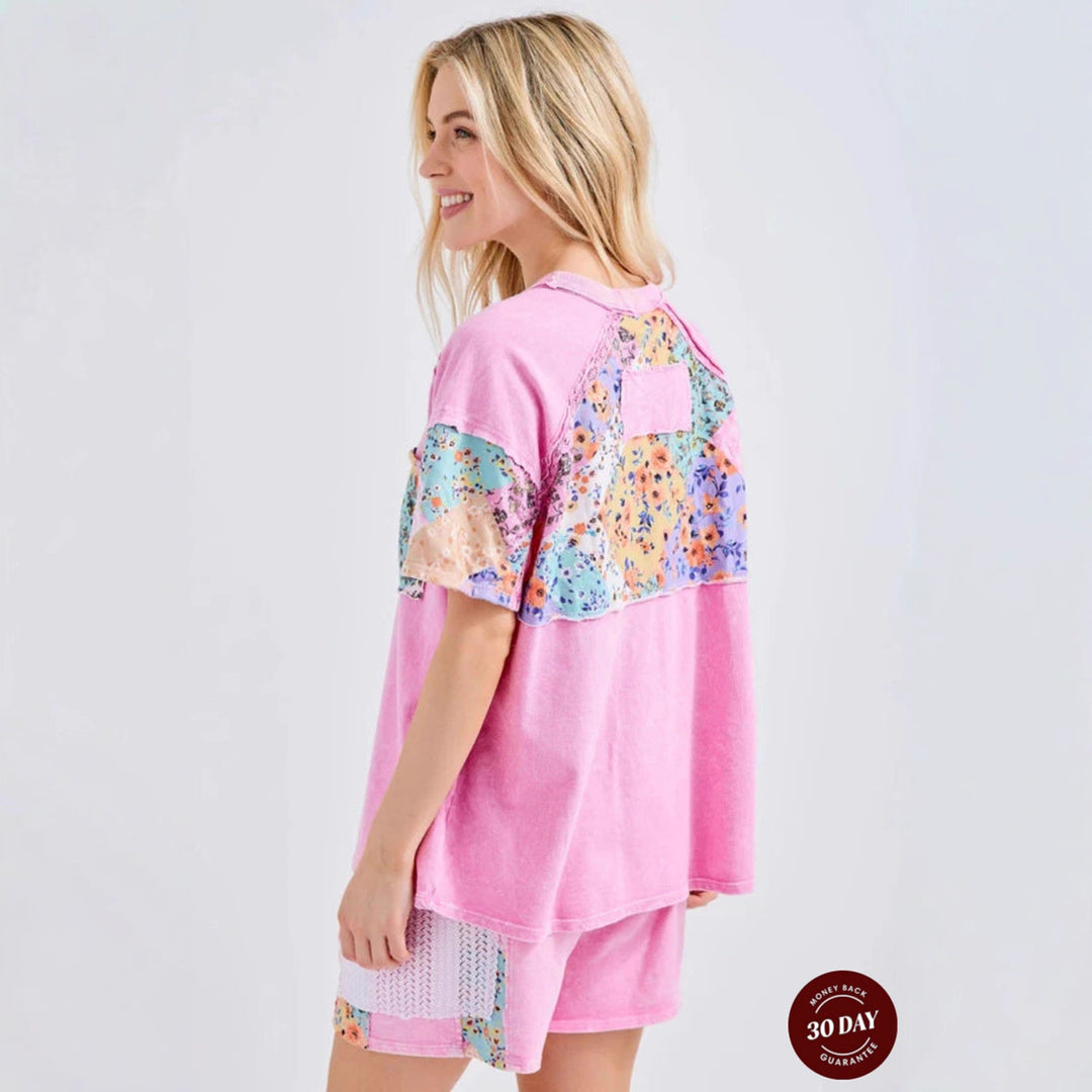 Women's short house suit set made of cotton jersey with floral patchwork look, chest pocket and drawstring StylebySassy