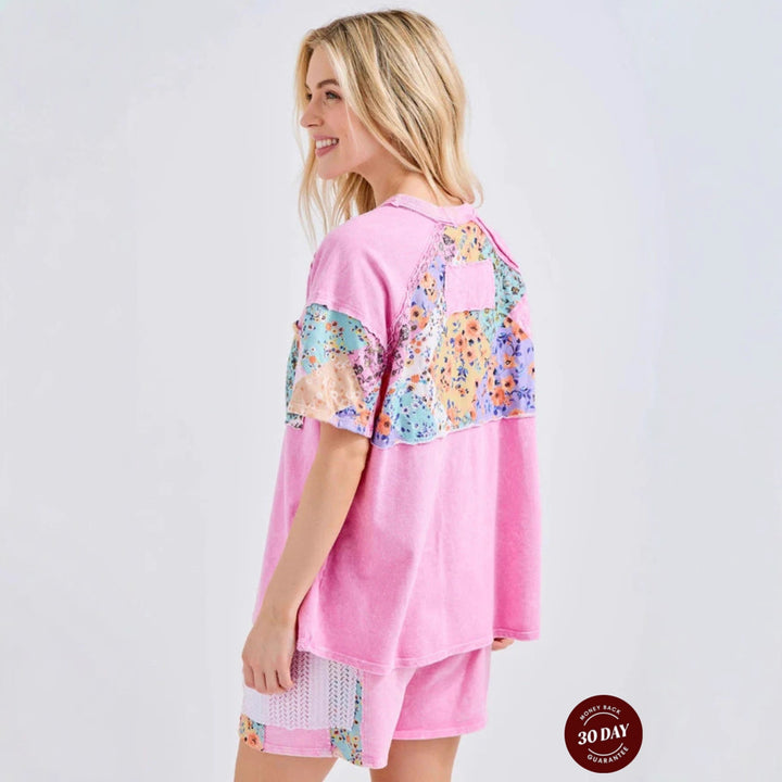 Women's short house suit set made of cotton jersey with floral patchwork look, chest pocket and drawstring StylebySassy