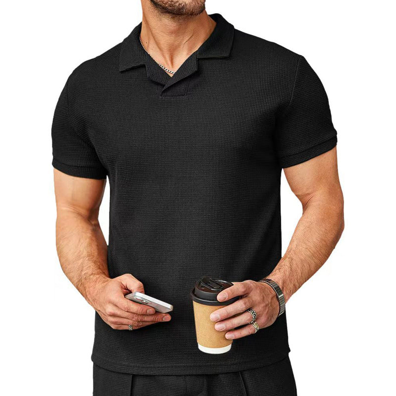 Men's short-sleeve knitted polo with open shirt collar and body-hugging fit StylebySassy