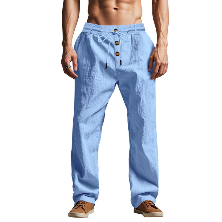 Men's relaxed pants in linen look with decorative button placket and drawstring waistband StylebySassy