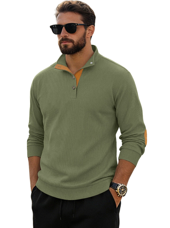 Men's fine ribbed knitted pullover with polo collar button placket and elbow patch StylebySassy
