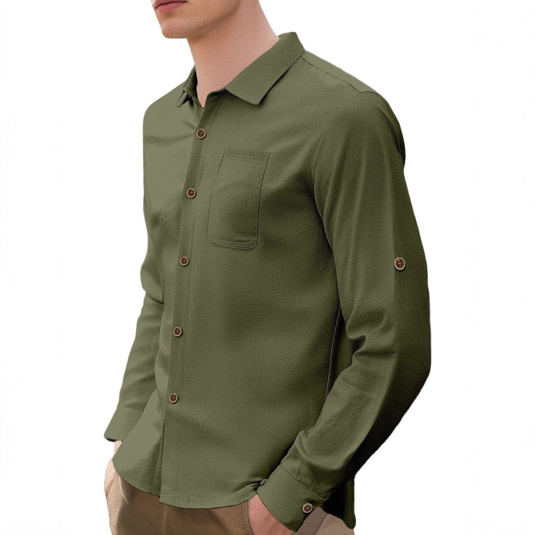 Men's breathable structured business shirt with breast pocket wooden button placket and ergonomic shoulder fit StylebySassy