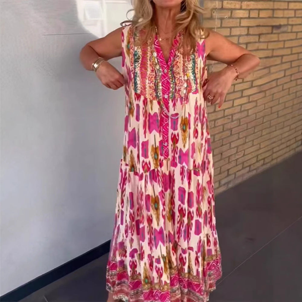 Ladies' flowing maxi dress in boho style with V-neck, tiered skirt and embroidered yoke StylebySassy