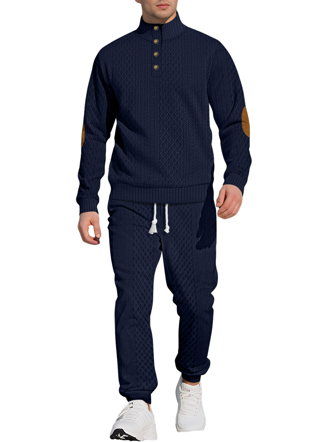 Men's patterned knit leisure set with half-button stand collar suede elbow patches and drawstring joggers StylebySassy