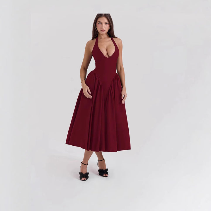 Women's figure-flattering halter bustier midi dress with tailored bodice and wide circle skirt StylebySassy