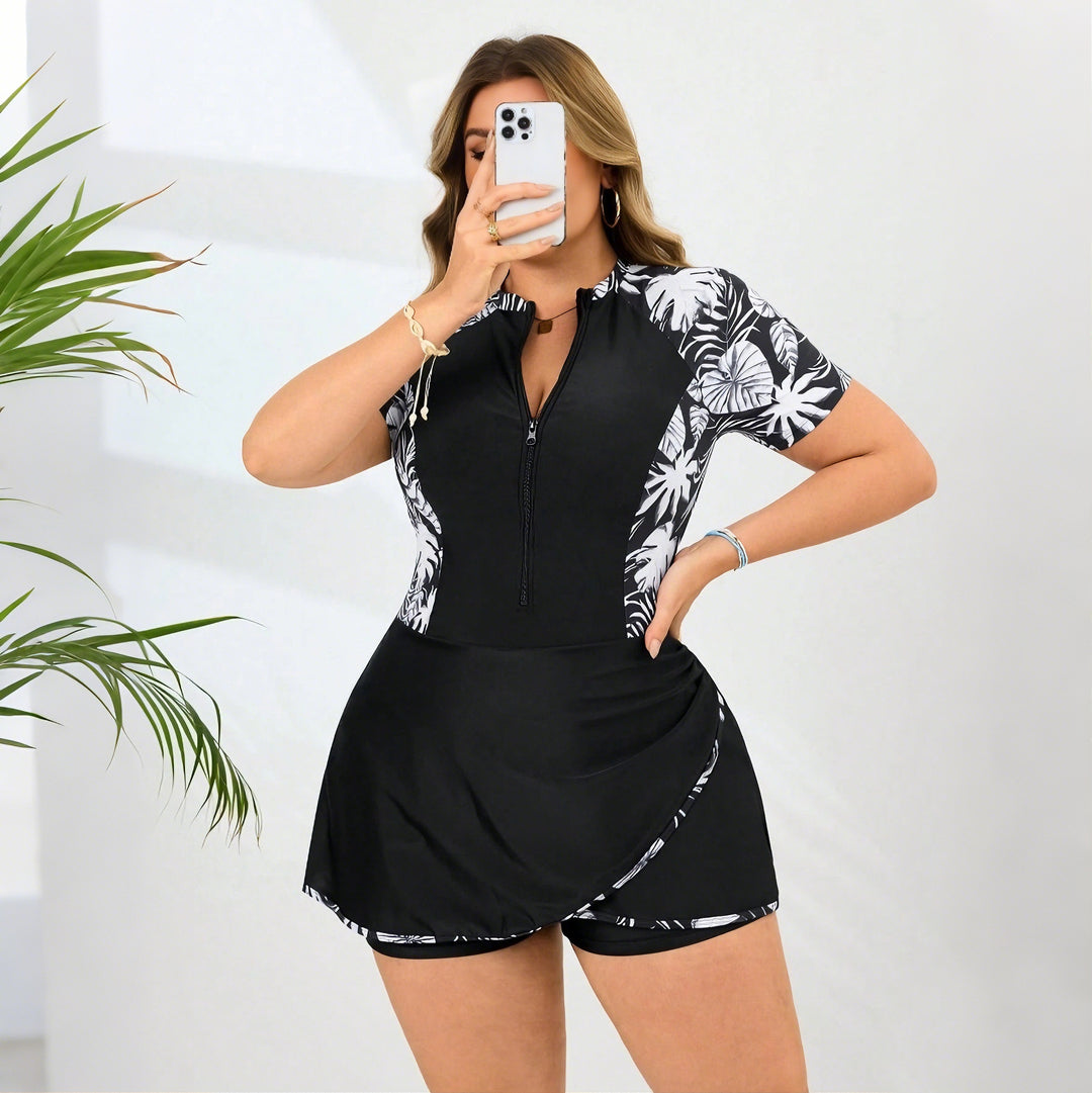 Women's Sporty One-Piece Swimsuit with Skirt and Ruffle Sleeves StylebySassy