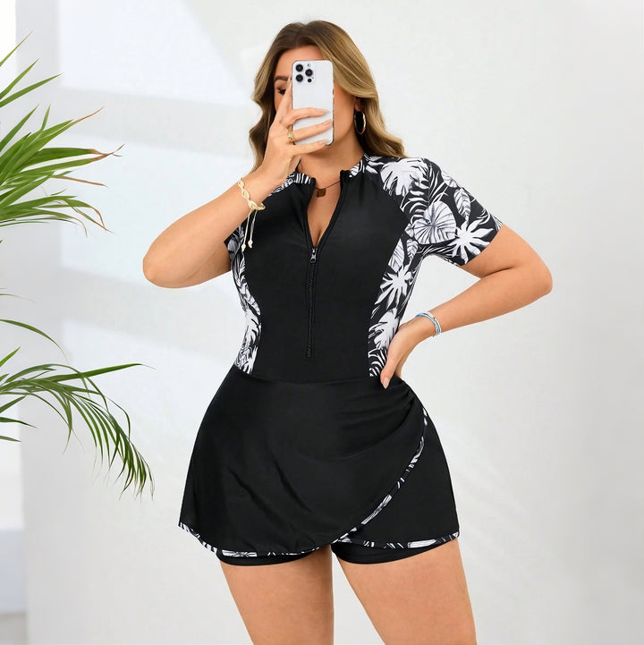 Women's Sporty One-Piece Swimsuit with Skirt and Ruffle Sleeves StylebySassy
