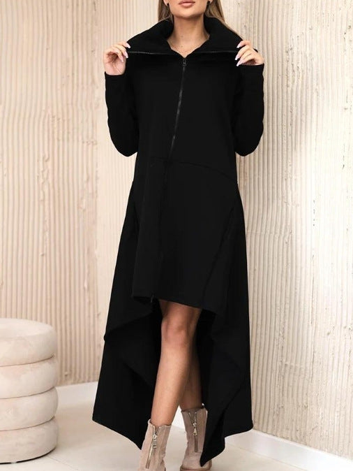 Women's nan asymmetrical sweatshirt dress with high stand-up collar, full-length zipper and extended back hem StylebySassy