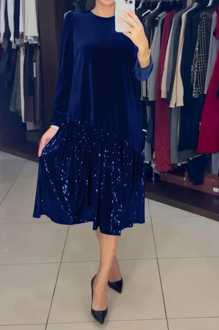 Women's Velvet Midi Dress with Pleated Sequin Skirt, Loose A-Line Cut and Round Neckline StylebySassy