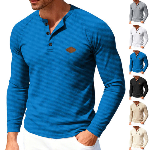Men's Waffle Knit Henley Long Sleeve Shirt with Raglan Sleeves, Half Button Placket and Leather Label StylebySassy