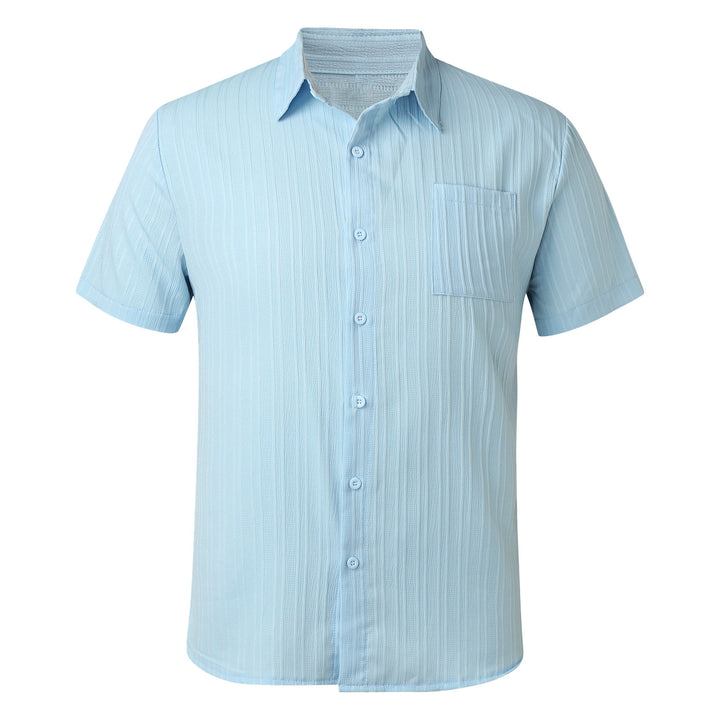 Men's short-sleeved seersucker shirt with chest pocket and fine stripe texture StylebySassy