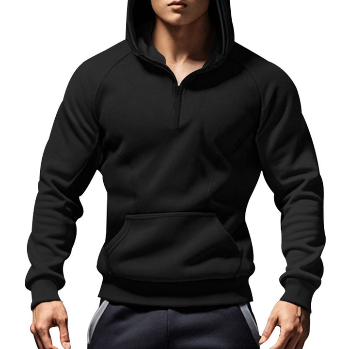 Men's casual hooded sweatshirt with short front zipper, ergonomic raglan cut, and kangaroo pocket StylebySassy