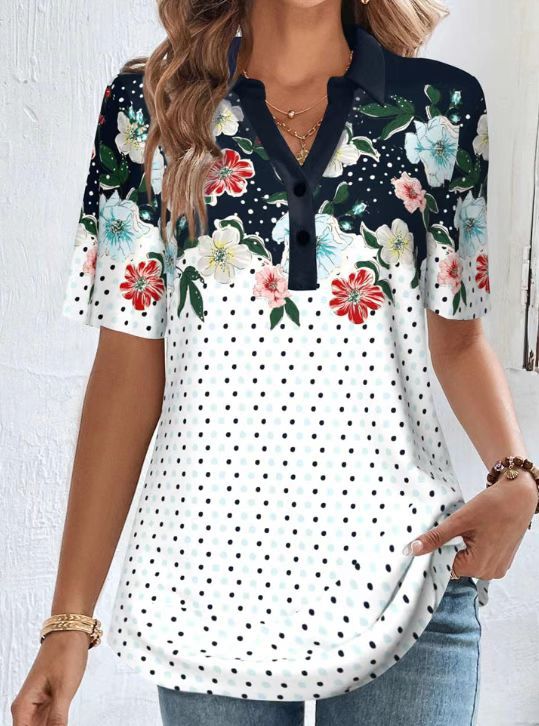Women's Short Sleeve Polo Collar Tunic with Floral Yoke and Allover Polka Dot Print StylebySassy
