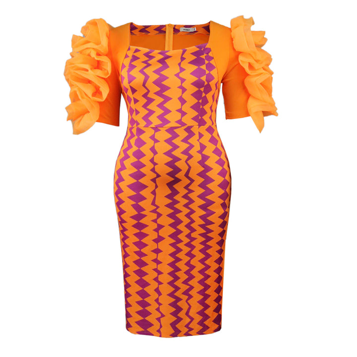 Women's fitted dress with striking ruffle sleeves and geometric pattern StylebySassy