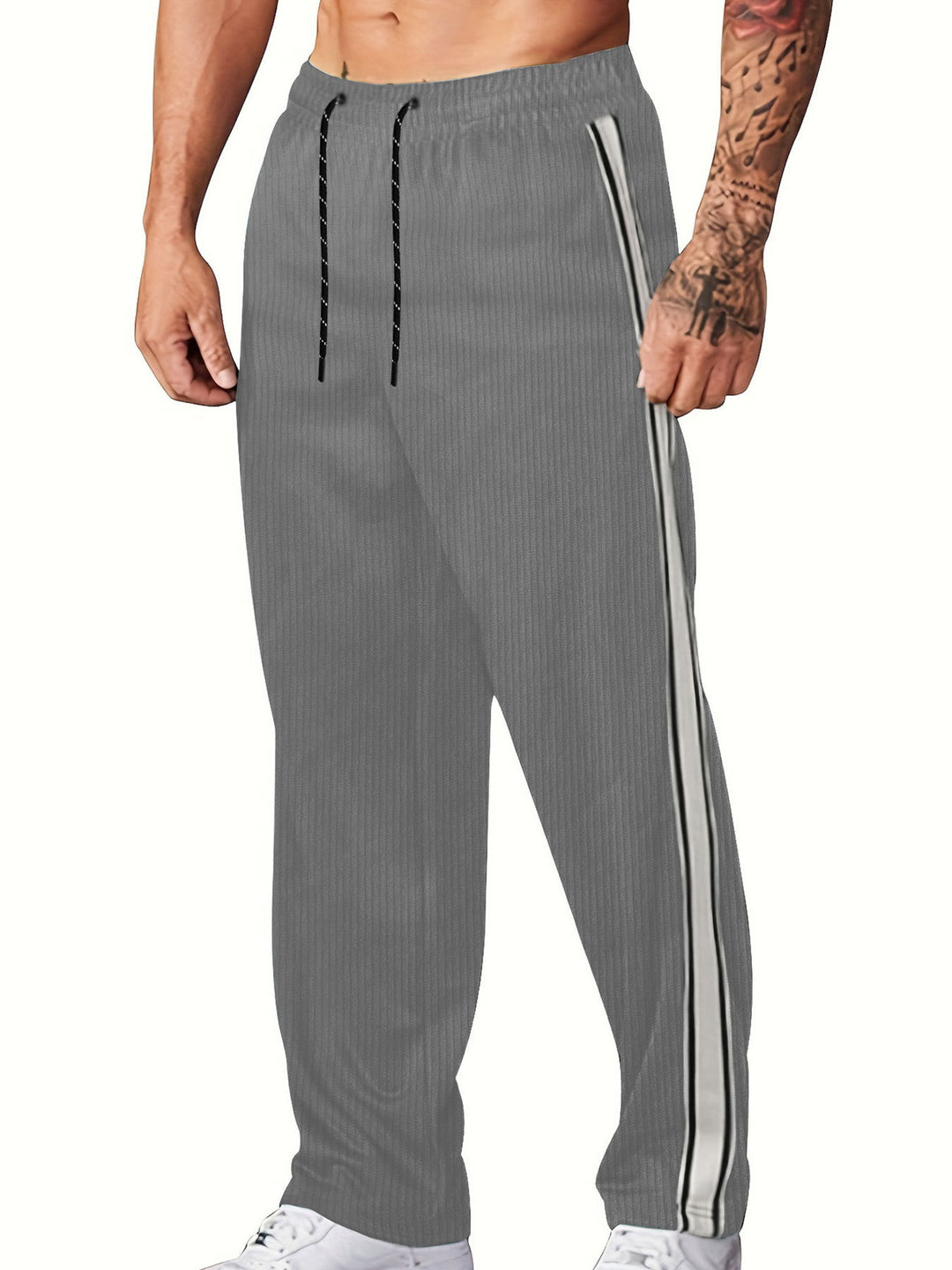 Men's knitted relaxed joggers with wide leg, side piping, and elastic drawstring waistband StylebySassy