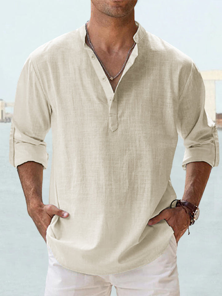 Men's nan casual linen henley shirt with stand-up collar, roll-up sleeves, and rounded hem StylebySassy