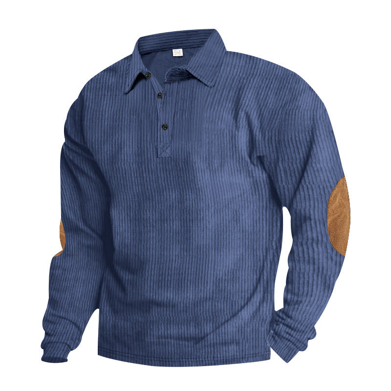 Men's heavy ribbed cotton polo sweater with Kent collar, triple button placket, and suede elbow patches StylebySassy