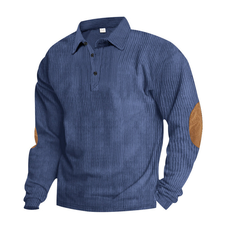 Men's heavy ribbed cotton polo sweater with Kent collar, triple button placket, and suede elbow patches StylebySassy