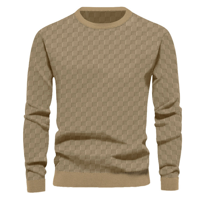 Men's finely structured round neck sweater with check relief and ribbed cuffs StylebySassy
