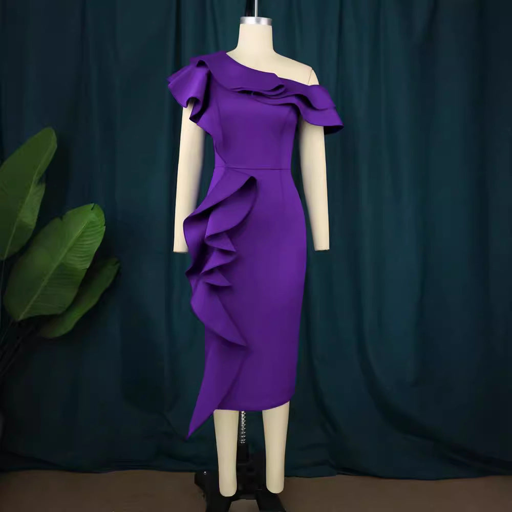 Women Elegant Sheath Dress with Asymmetrical Ruffle Design StylebySassy