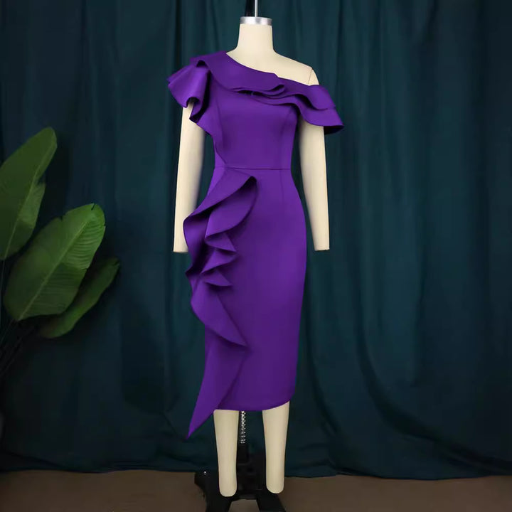 Women Elegant Sheath Dress with Asymmetrical Ruffle Design StylebySassy