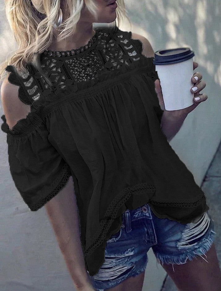 Women’s airy cold-shoulder blouse with crocheted stand-up collar, gathered bust area, and wavy hem StylebySassy