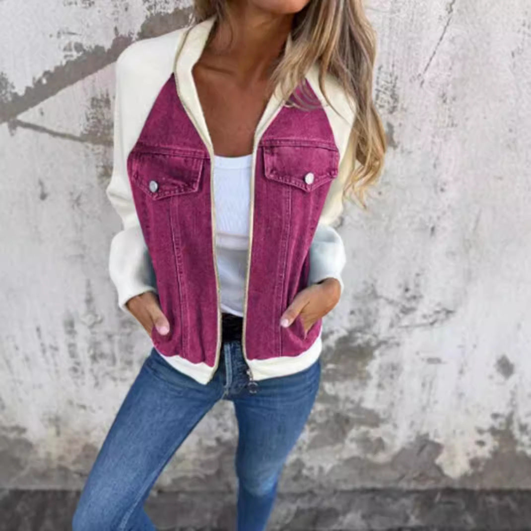 Women's Sweat-Jeans-Bomber Jacket with Raglan Sleeves, Breast Pockets, and Zipper StylebySassy