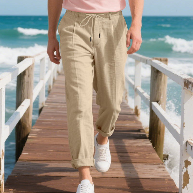 Men's beach-suitable linen blend lounge pants with elastic drawstring, subtle pleat, and rolled ankle hem StylebySassy