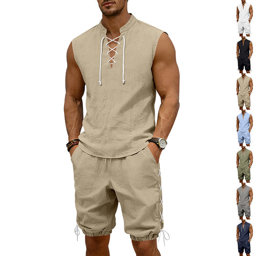 Men's sleeveless leisure set with lace collar and drawstring Bermuda StylebySassy