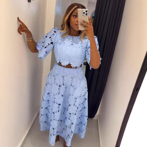 Ladies two-piece guipure lace set with cropped blouse and flared midi skirt StylebySassy