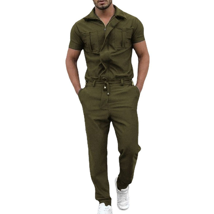 Men's short-sleeved overall work suit with concealed front closure and applied chest pockets StylebySassy