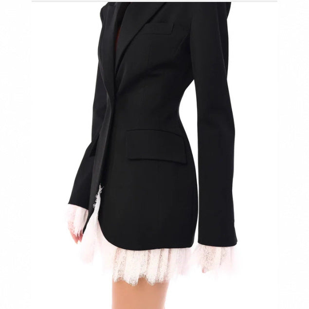 Women's longer tailored blazer coat with lapel collar and patch pockets StylebySassy