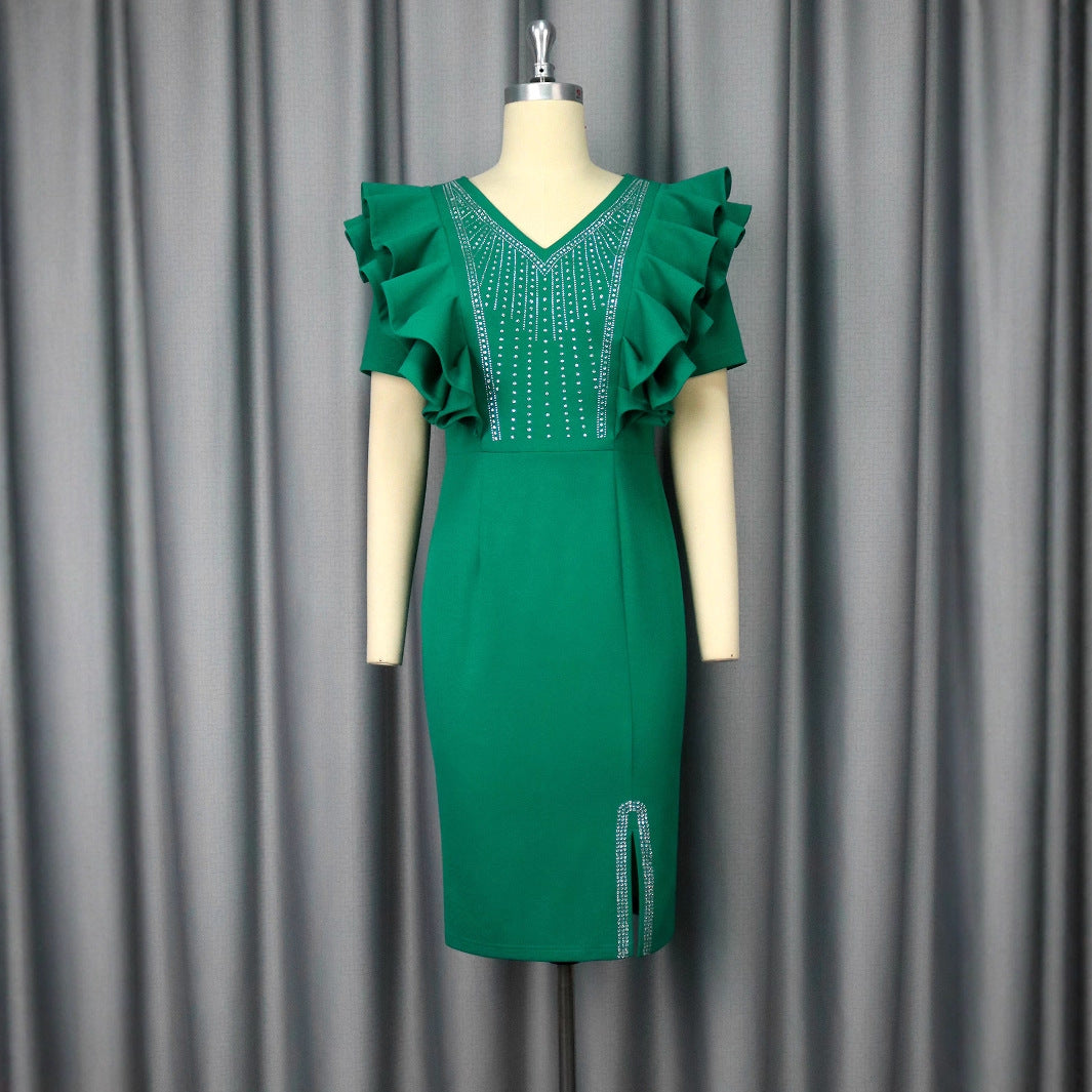Ladies Elegant Dress with Voluminous Ruffle Details and Sparkling Decor StylebySassy