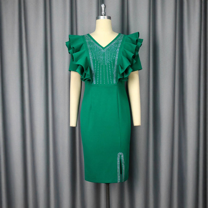 Ladies Elegant Dress with Voluminous Ruffle Details and Sparkling Decor StylebySassy