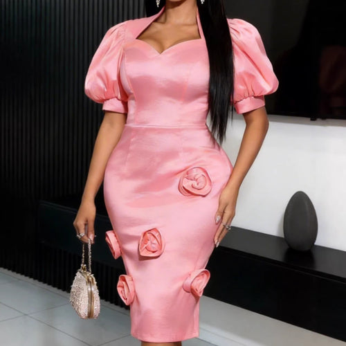 Ladies elegant cocktail dress with puff sleeves and floral details StylebySassy