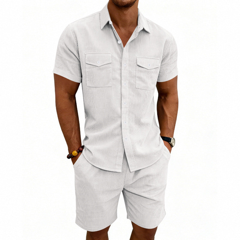 Men's structured cord leisure set with camp collar shirt and casual shorts StylebySassy
